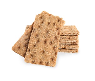 Photo of Fresh crunchy rye crispbreads on white background