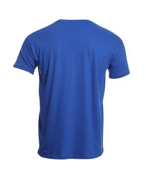 Photo of Mannequin with blue men's t-shirt isolated on white. Mockup for design