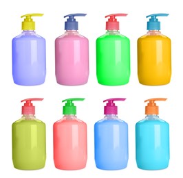 Image of Set with bottles of multicolored liquid soap on white background