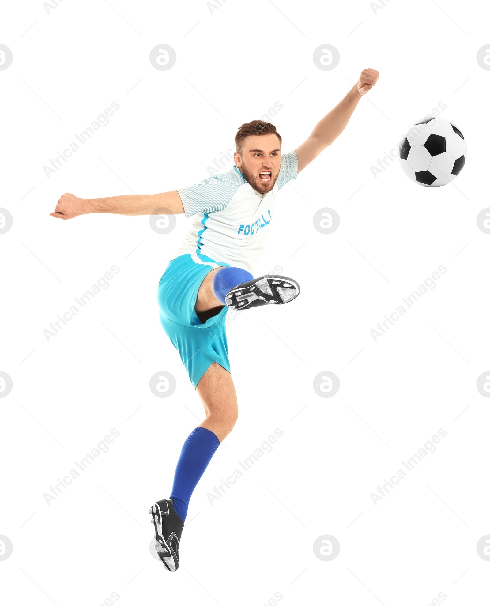 Photo of Young man playing football on white background