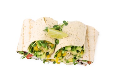 Delicious sandwich wraps with fresh vegetables and slice of lime isolated on white, top view