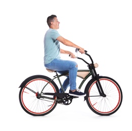 Portrait of handsome man with bicycle on white background