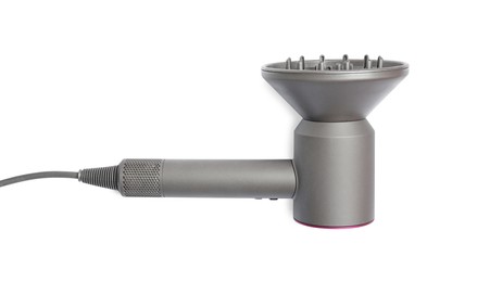 Photo of Modern hair dryer on white background, top view