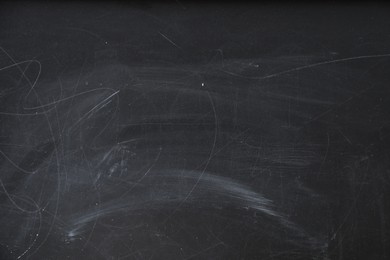 Photo of Chalk rubbed out on blackboard as background, closeup. Space for text