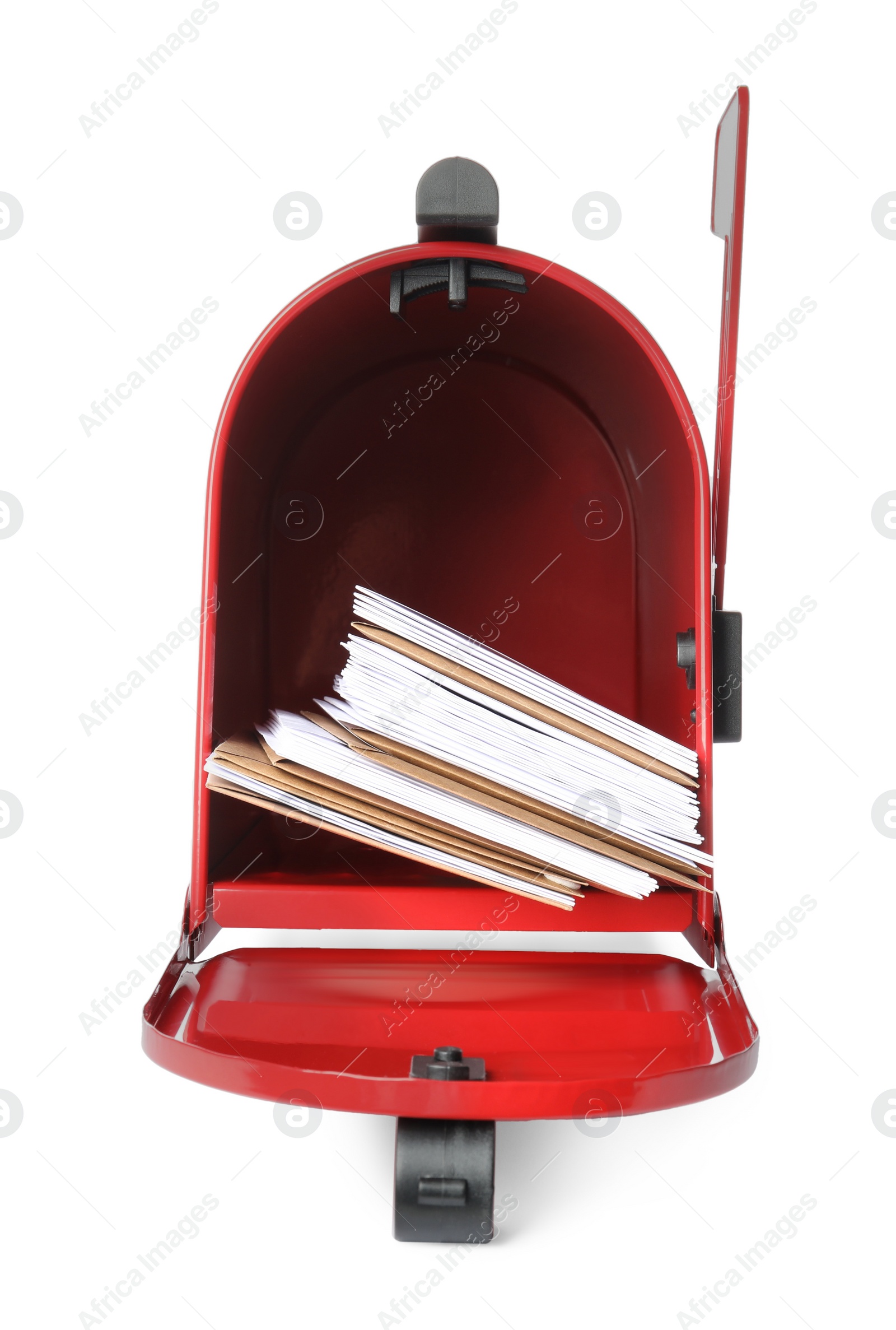 Photo of Open red letter box with correspondence on white background