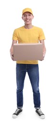 Happy courier with parcel on white background