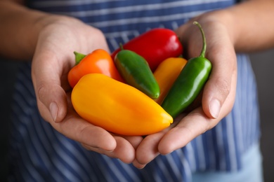 Photo of Farmer holding fresh ripe peppers, closeup view