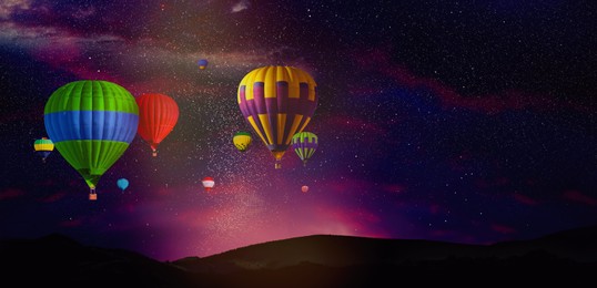 Hot air balloons in sky at evening. Banner design