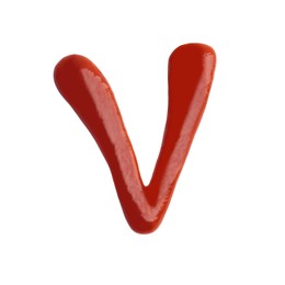 Photo of Letter V written with ketchup on white background