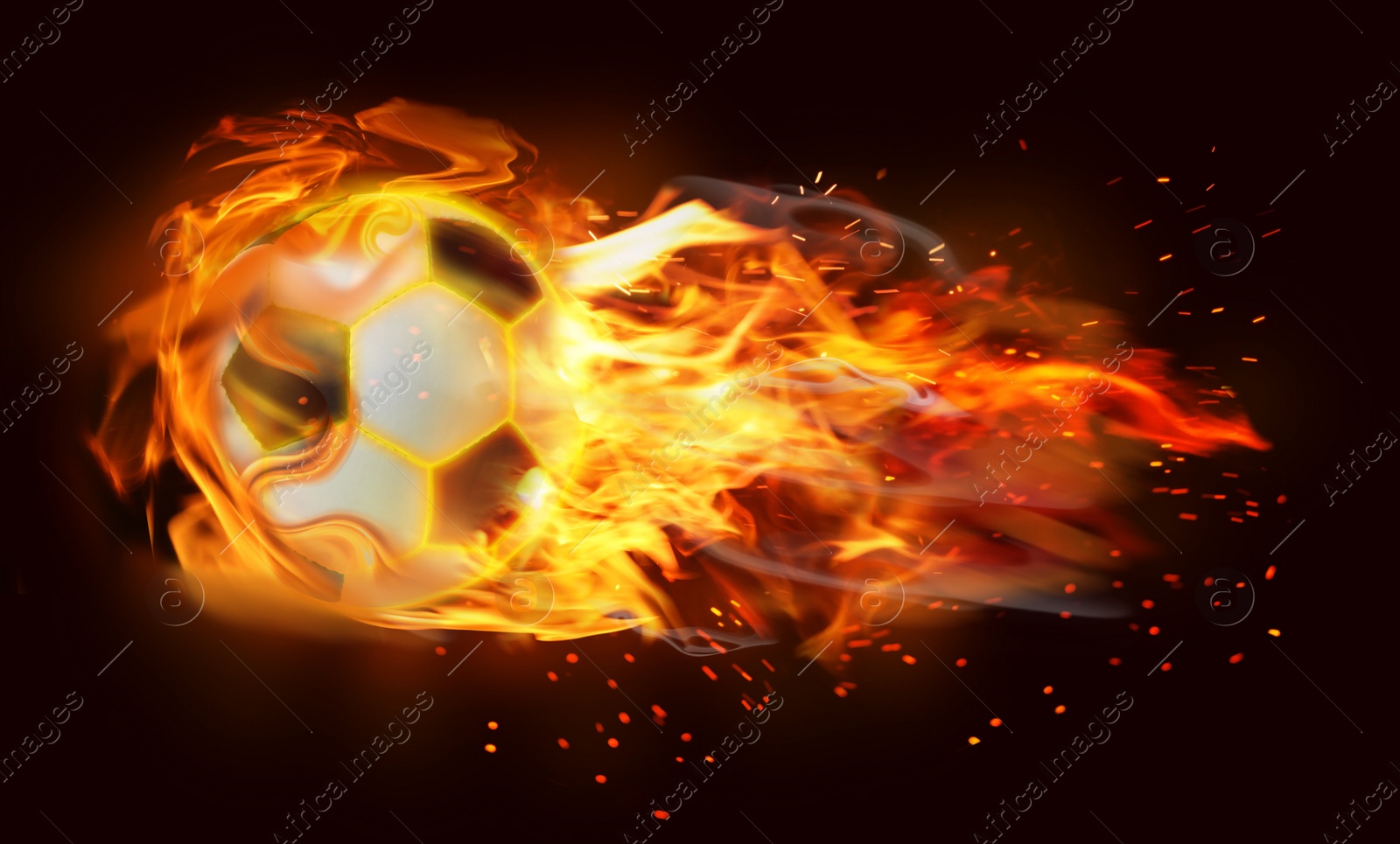 Image of Soccer ball with bright flame flying on black background