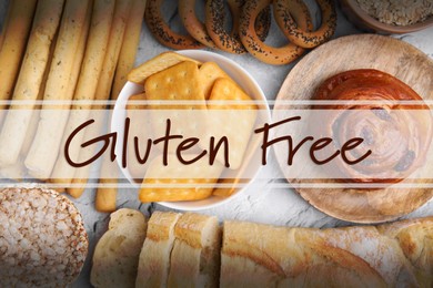 Image of Different gluten free products on white textured table, flat lay