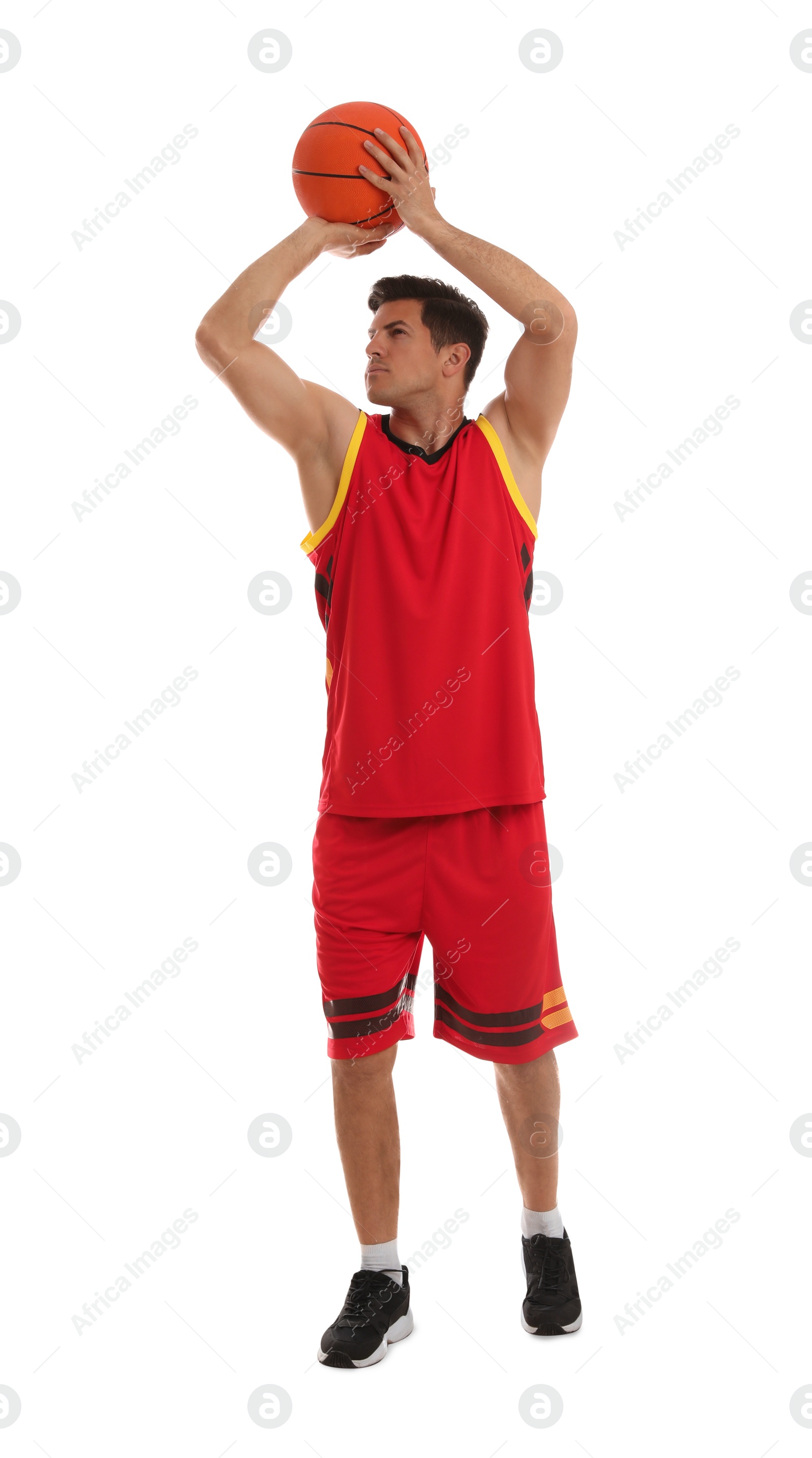 Photo of Professional sportsman playing basketball on white background