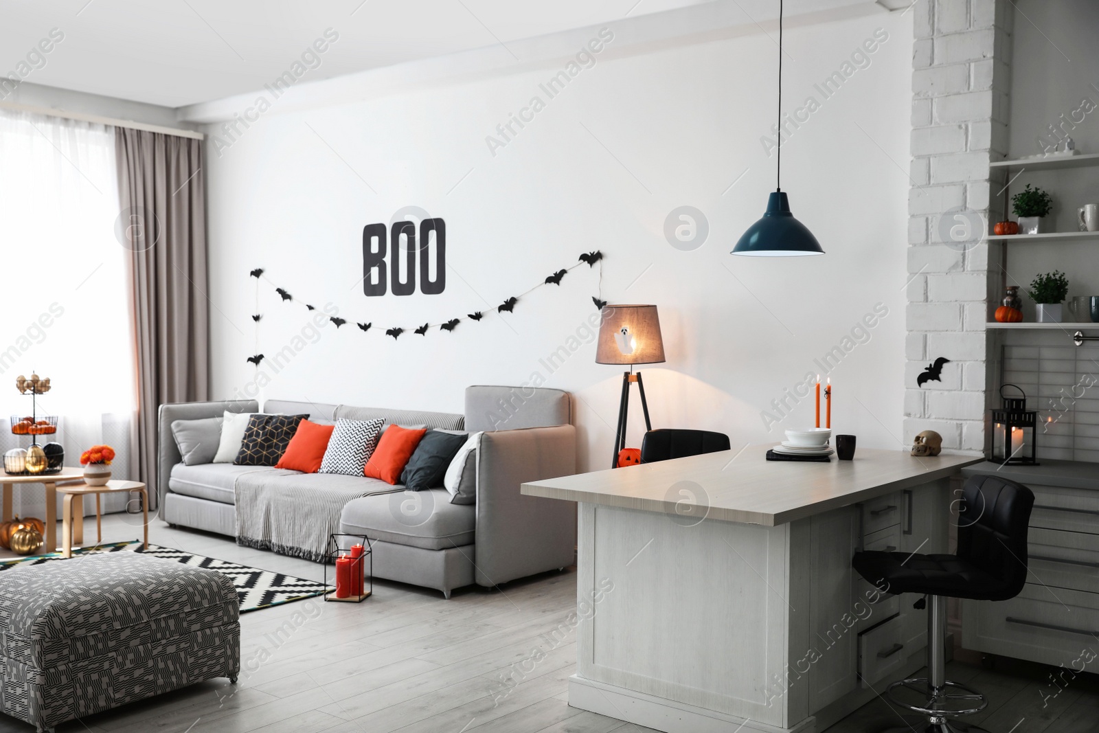 Photo of Modern room decorated for Halloween. Festive interior