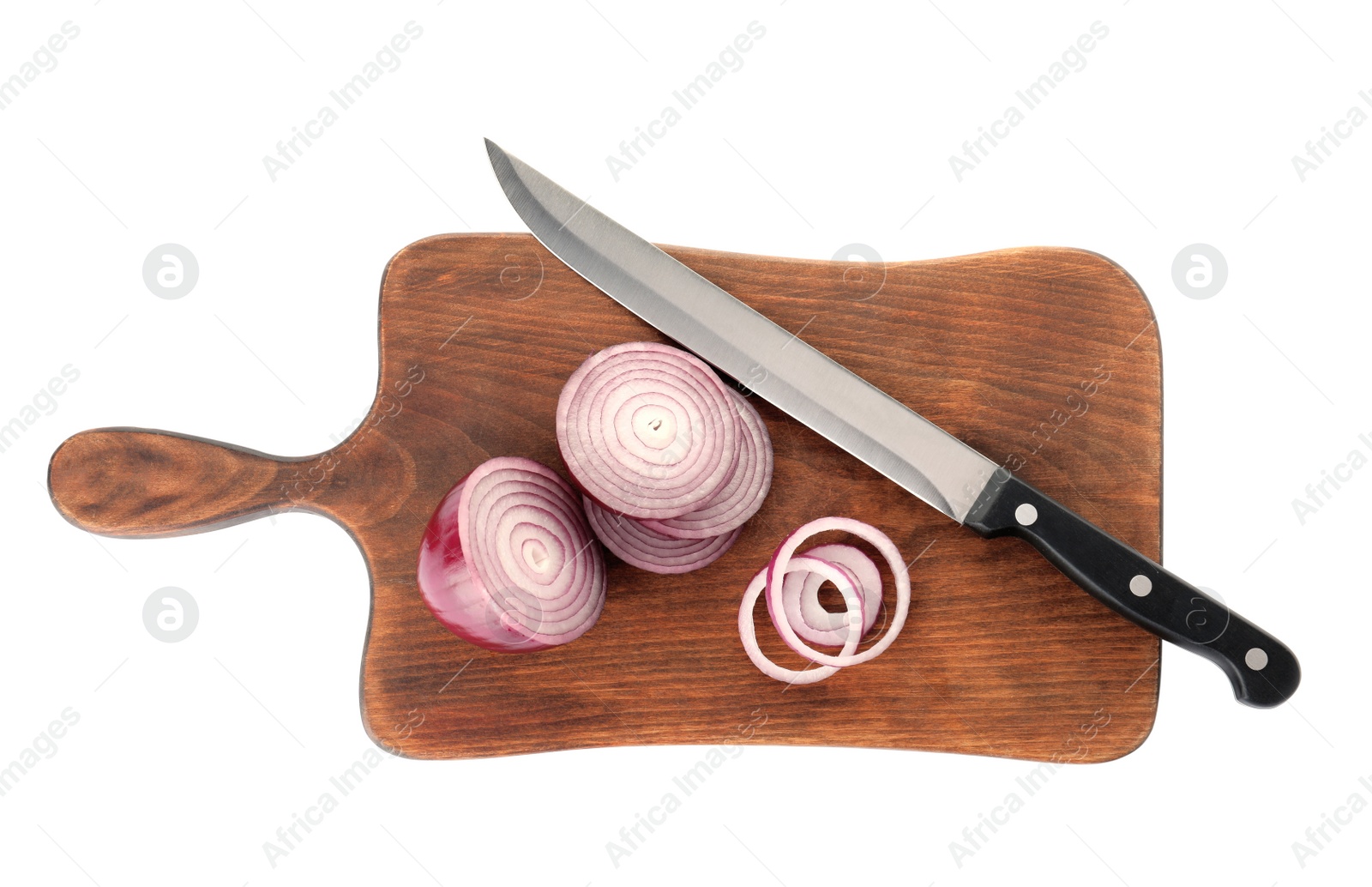 Photo of Wooden board with cut onion and slicing knife isolated on white, top view