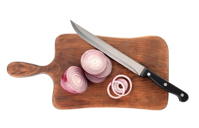 Wooden board with cut onion and slicing knife isolated on white, top view