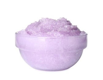 Photo of Glass bowl of violet body scrub isolated on white