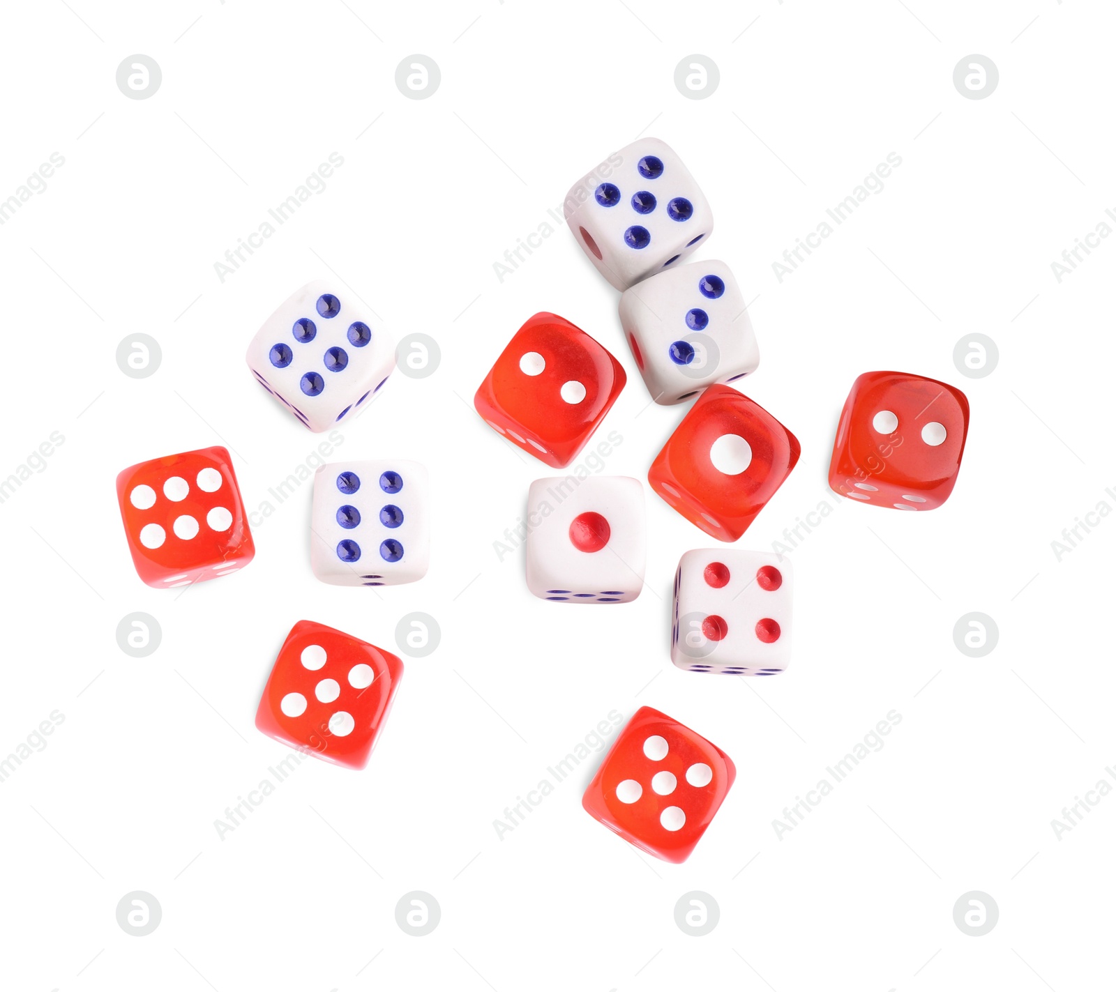 Photo of Many color game dices isolated on white, top view