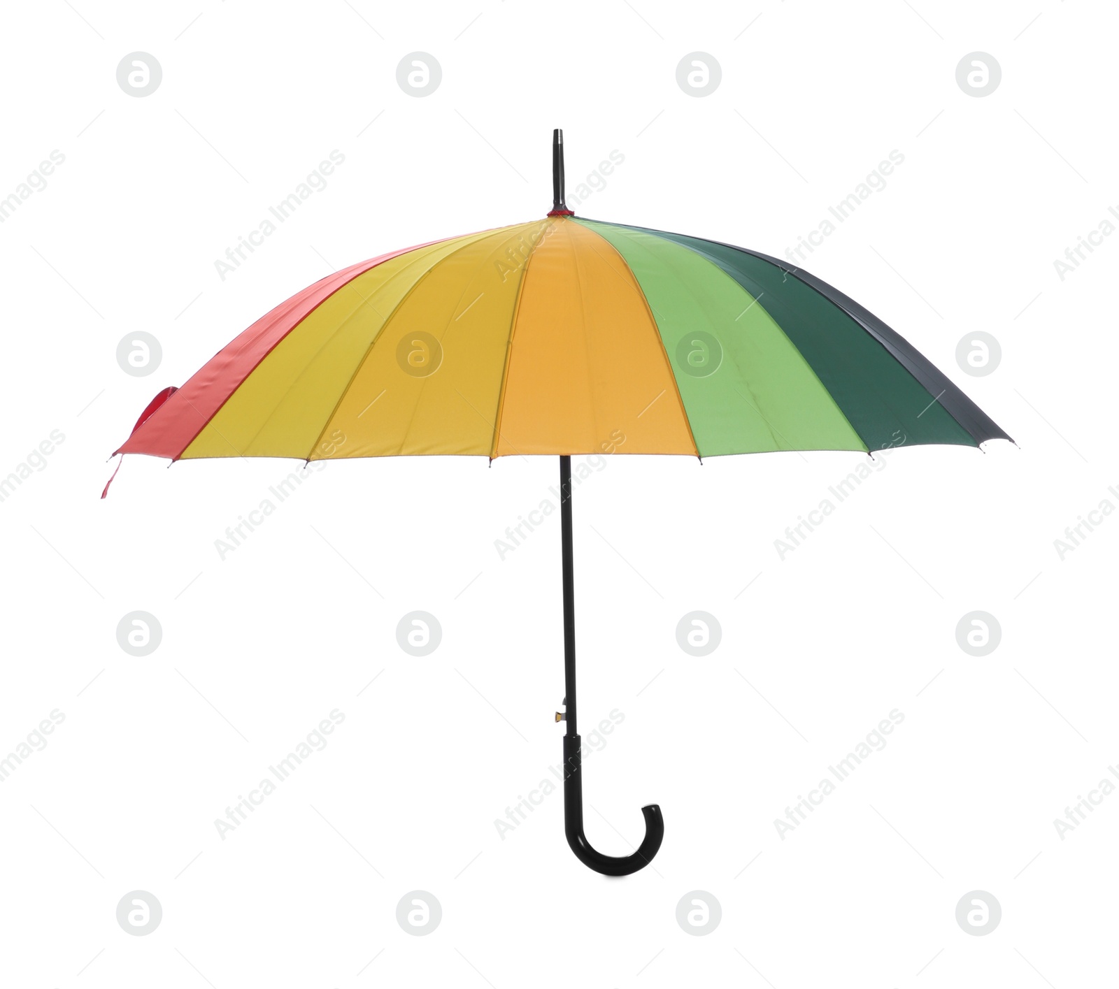 Photo of One open colorful umbrella isolated on white