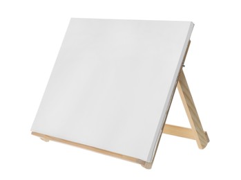 Wooden easel with blank sheet of paper isolated on white