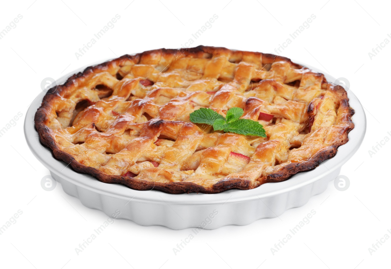 Photo of Delicious traditional apple pie with mint isolated on white