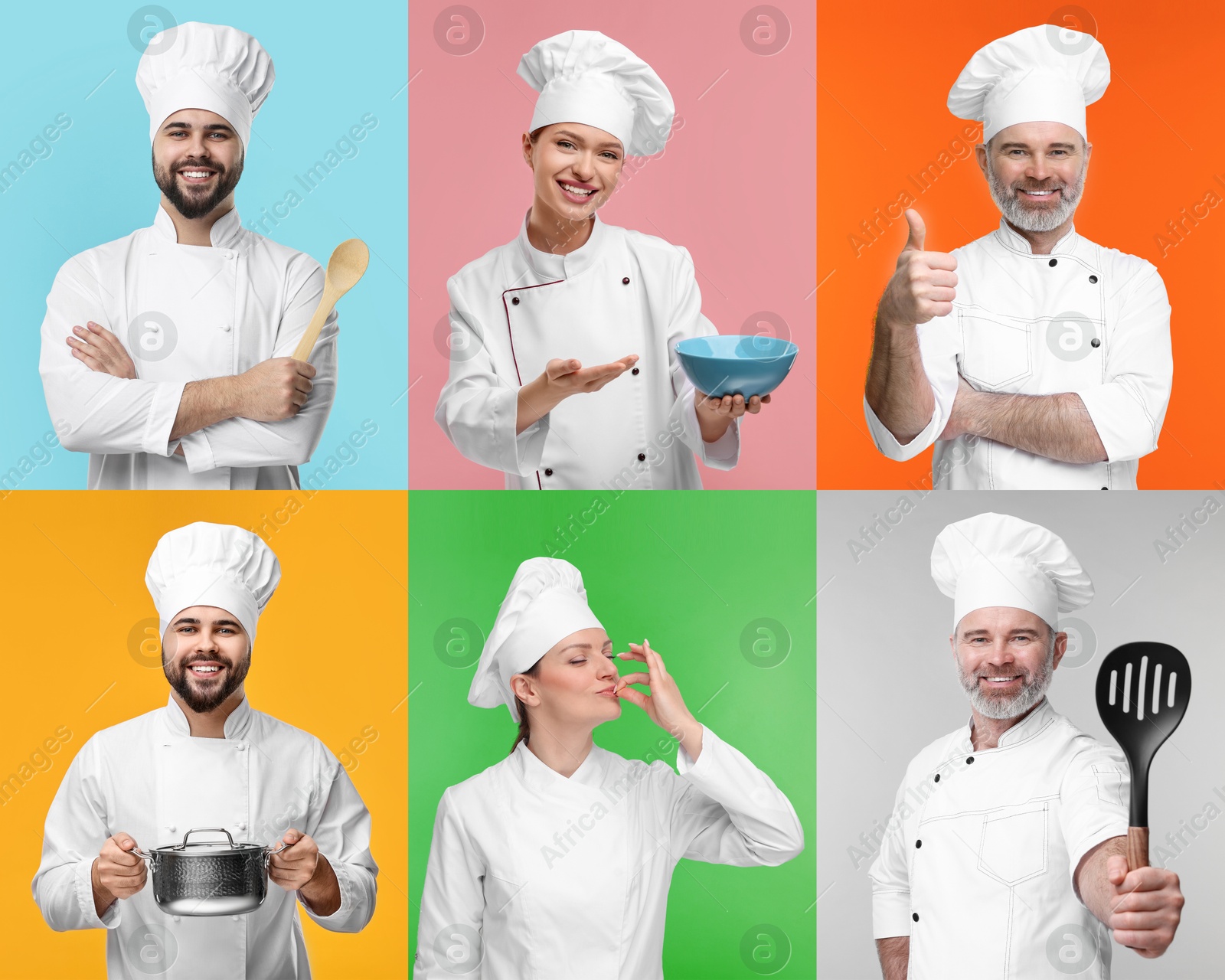 Image of Collage with photos of professional chefs on different color backgrounds