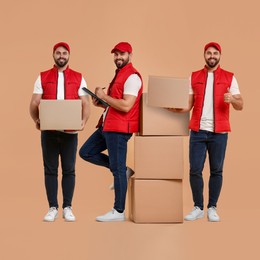 Image of Delivery service. Happy courier with cardboard boxes on peach color background, collage of photos