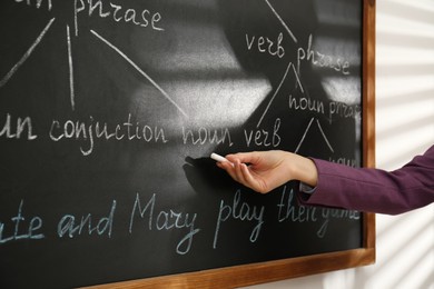 Photo of English teacher giving sentence construction rules near blackboard, closeup