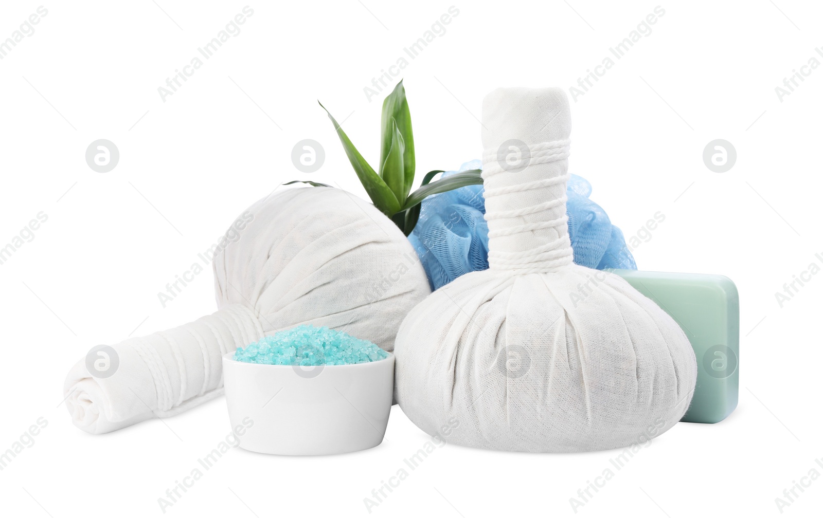 Photo of Herbal massage bags, sea salt and soap on white background. Spa supply