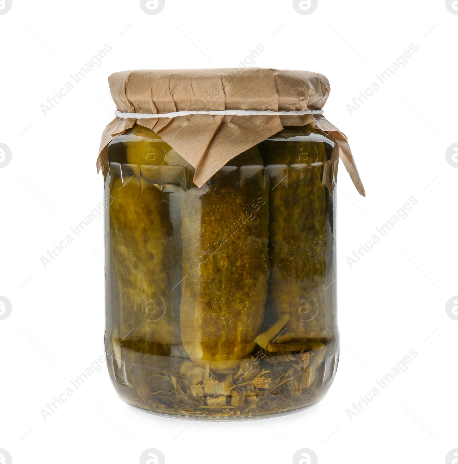 Photo of Jar of pickled cucumbers isolated on white