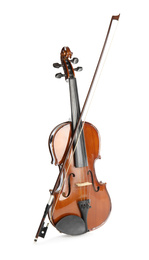 Photo of Classic violin and bow on white background. Musical instrument