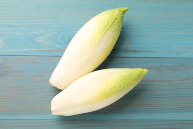 Photo of Fresh raw Belgian endives (chicory) on light blue wooden table, top view