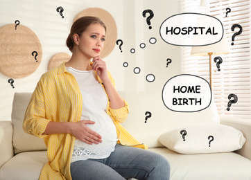 Young pregnant woman on sofa at home. Choice between Hospital and Home Birth