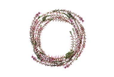 Frame of heather branches with beautiful flowers on white background, top view. Space for text