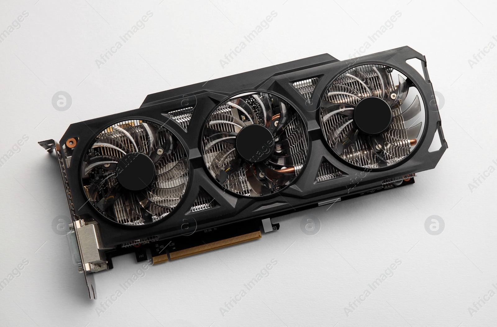 Photo of One graphics card on color background, top view