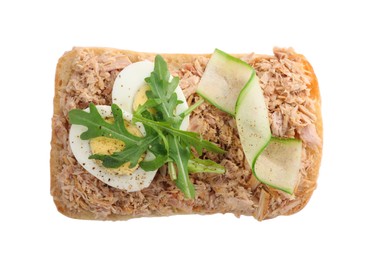 Delicious sandwich with tuna, boiled egg, cucumber slice and greens on white background, top view