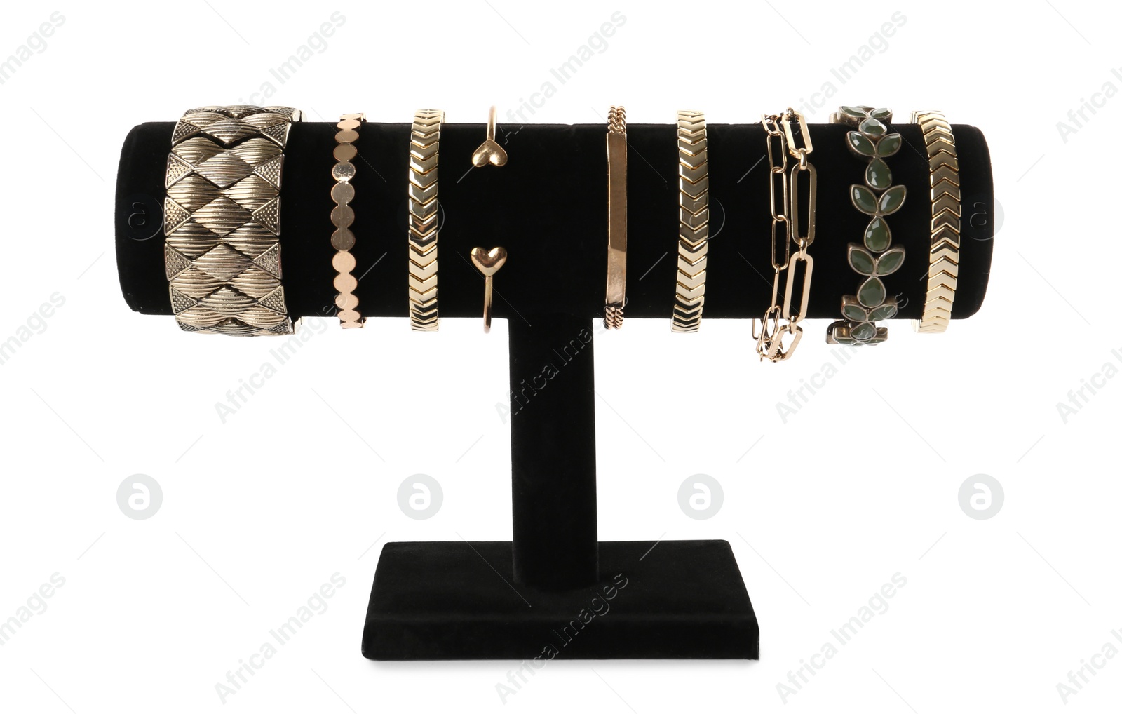 Photo of T-bar jewelry stand with stylish bracelets on white background