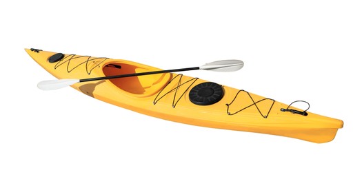 Image of Yellow kayak with paddle isolated on white. Outdoor activity 