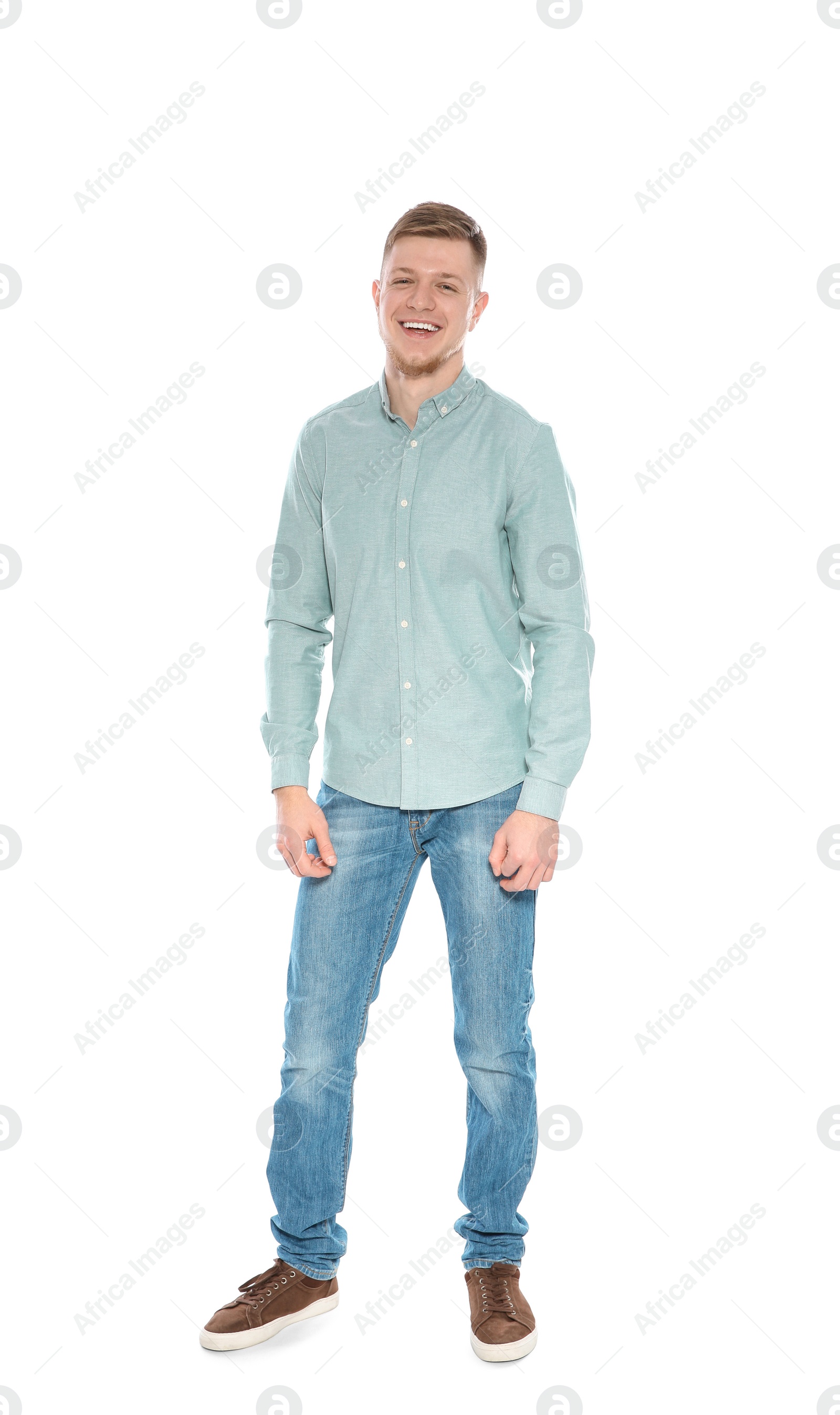 Photo of Full length portrait of handsome young man on white background