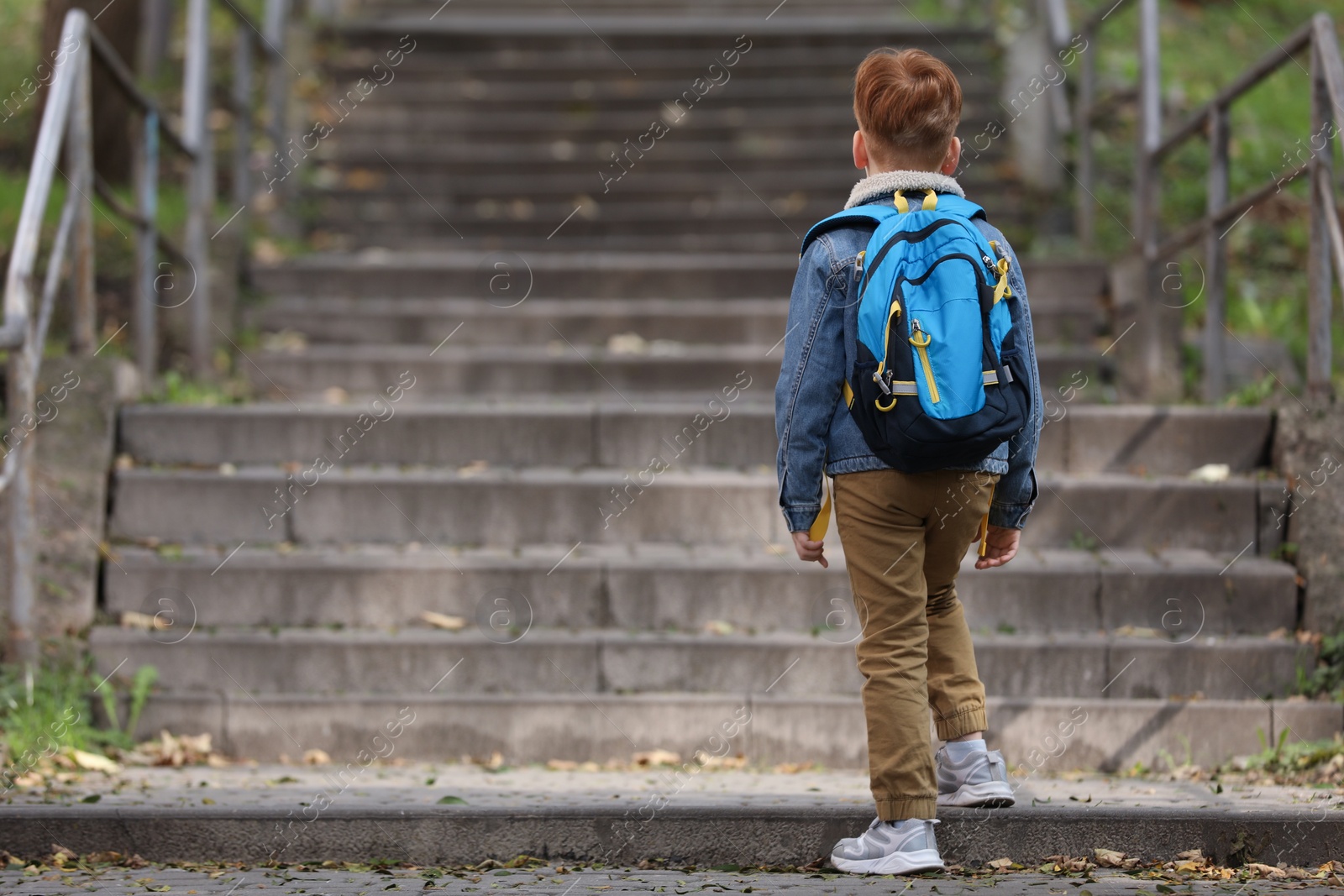 Photo of Little boy with backpack going to school, back view