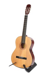Photo of Acoustic guitar on stand against white background