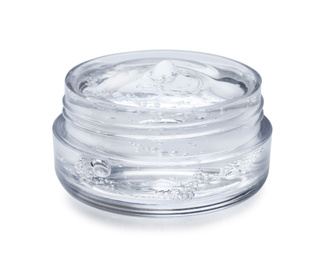 Jar of transparent cosmetic gel on light background