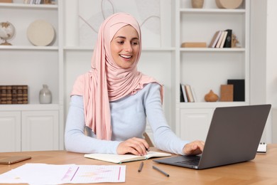 Photo of Muslim woman writing notes near laptop at wooden table in room