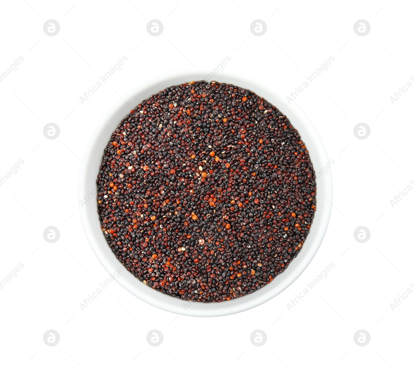 Photo of Bowl with black quinoa on white background, top view