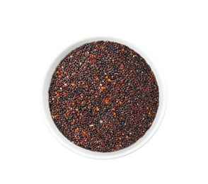 Photo of Bowl with black quinoa on white background, top view