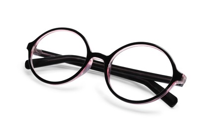 Photo of Stylish glasses with plastic frame isolated on white