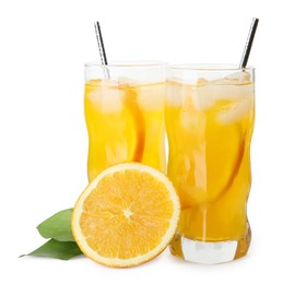 Photo of Delicious orange soda water and fresh fruit on white background