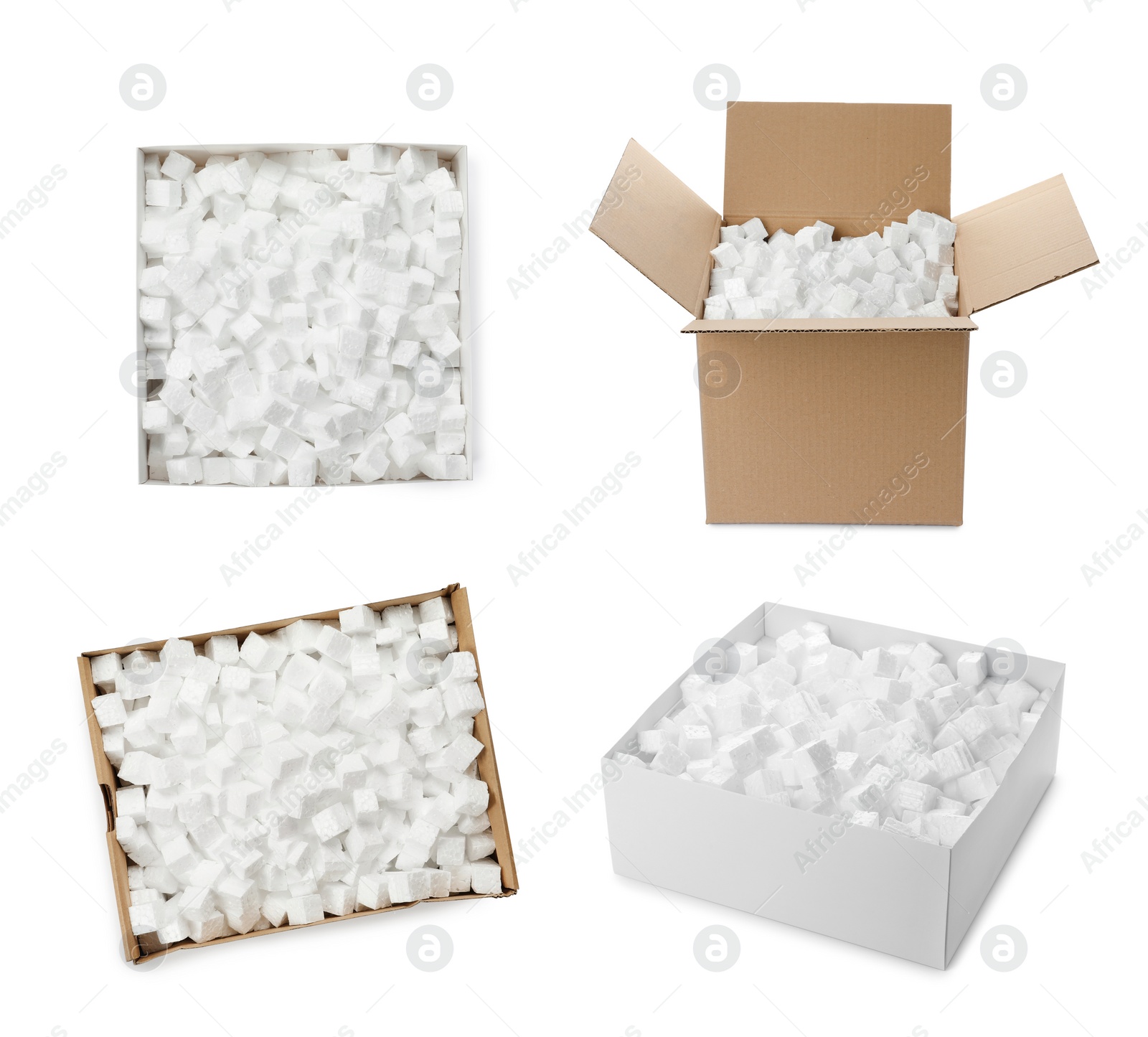 Image of Set with cardboard boxes with styrofoam cubes on white background