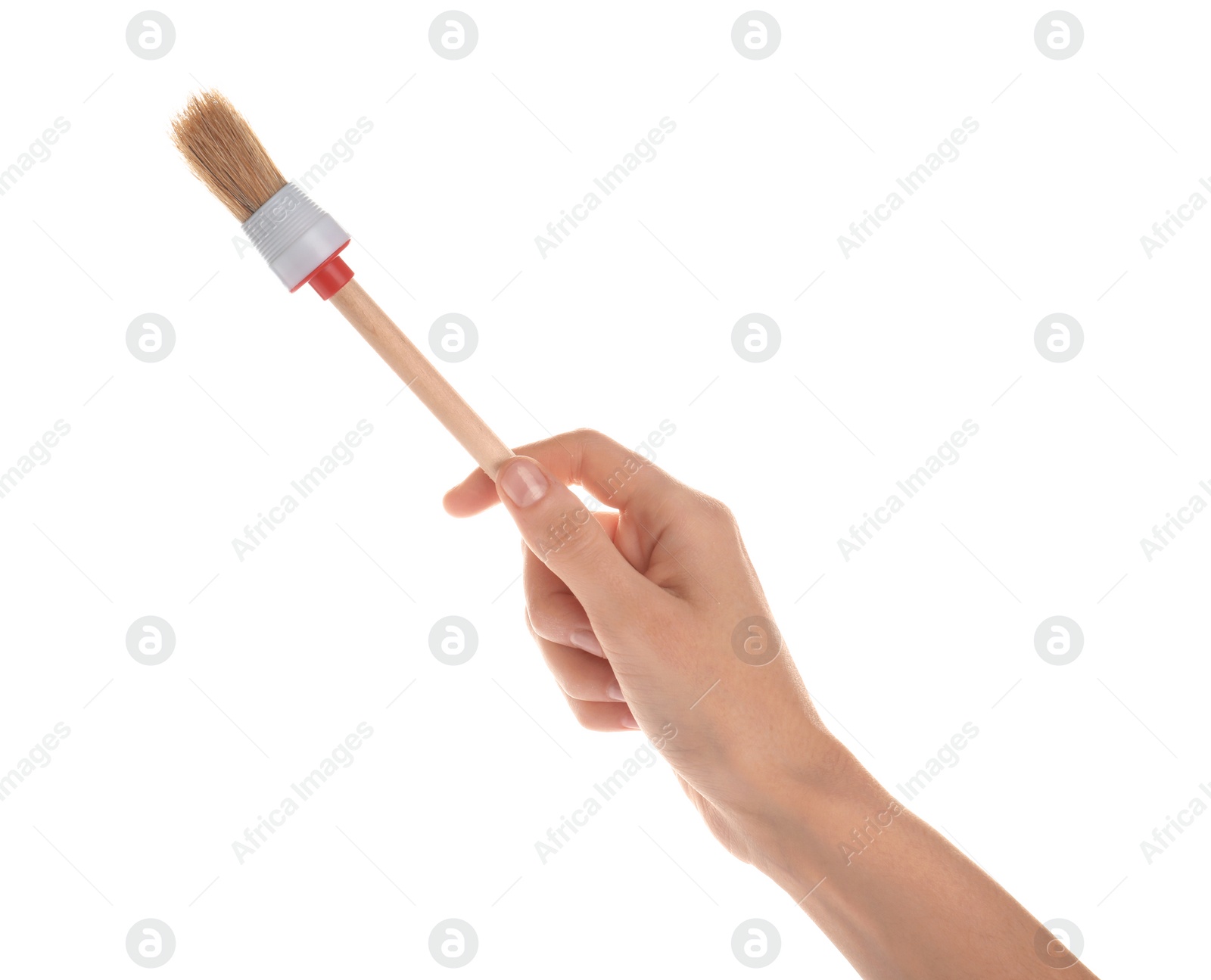 Photo of Woman holding paint brush on white background, closeup