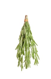 Photo of Fresh rosemary twigs hanging on white background