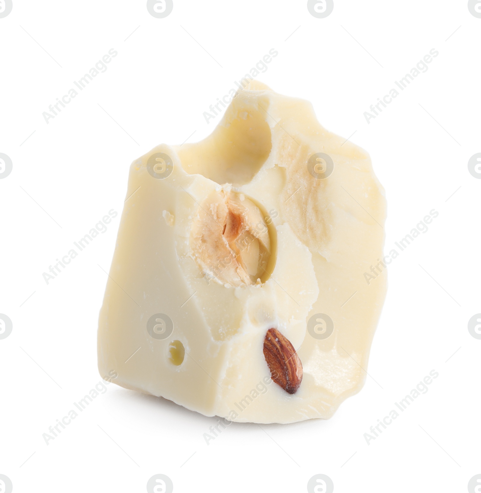 Photo of Piece of delicious chocolate with nuts isolated on white